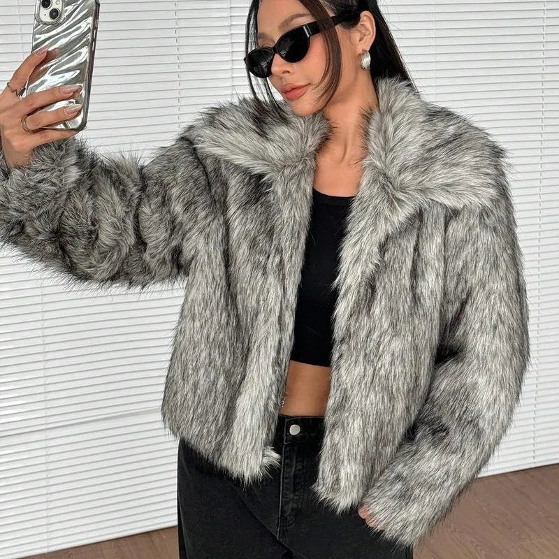 Artificial fox fur fashion coat with fur collar in short 40cm length and long sleeves