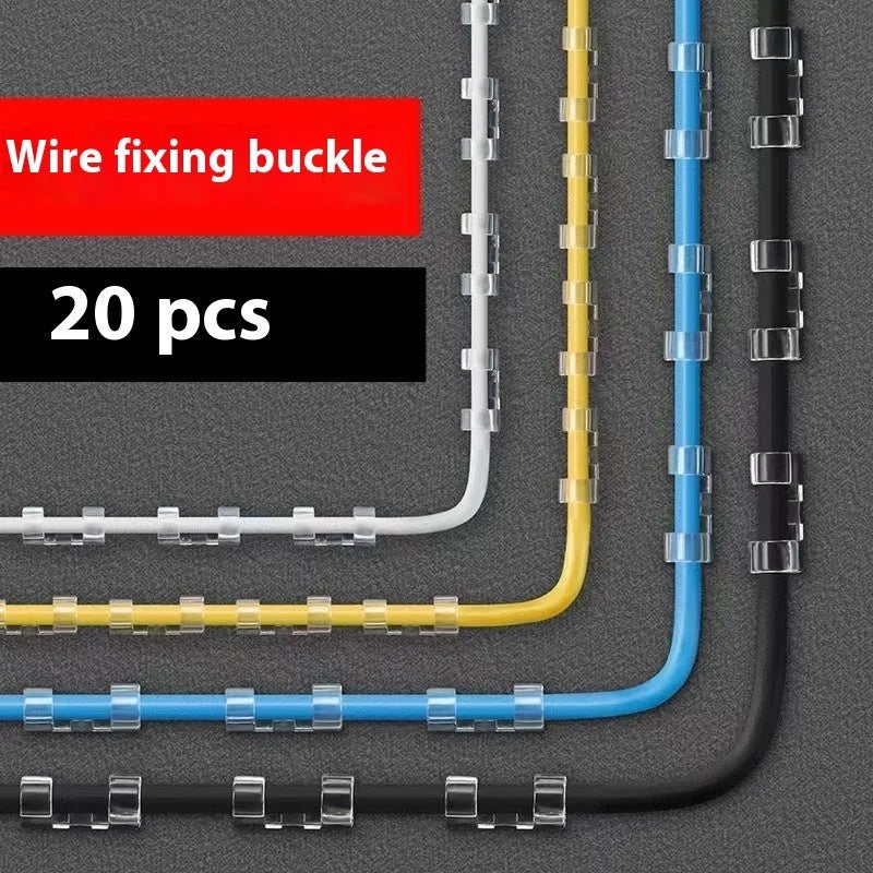 Transparent self-adhesive plastic snap clips for cable management on a white background.