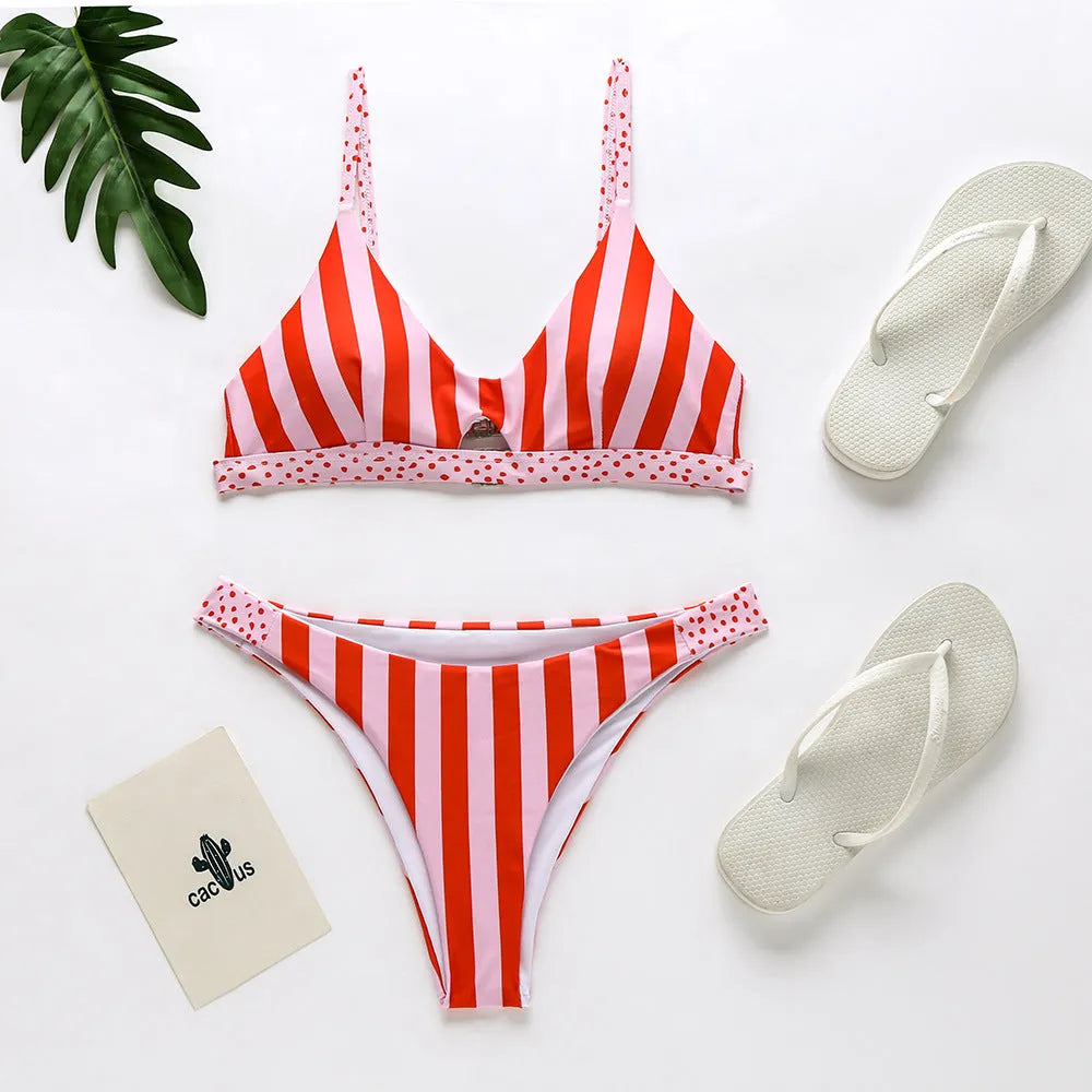 Women's bikini set in black and white polka dot or red and white stripe pattern