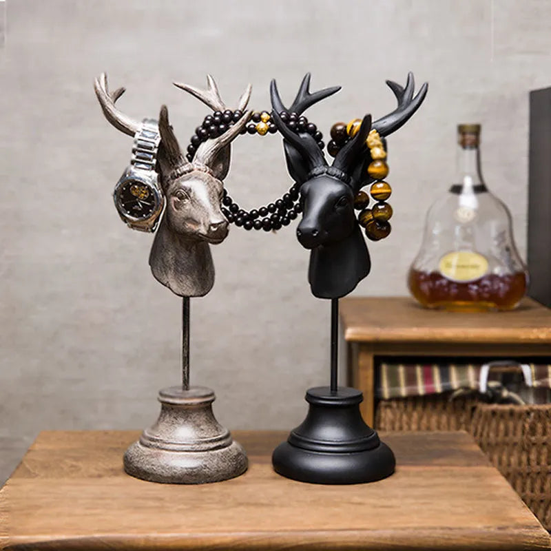 Hand-carved natural resin animal statue in black, white, and wood colour, 32cm tall.