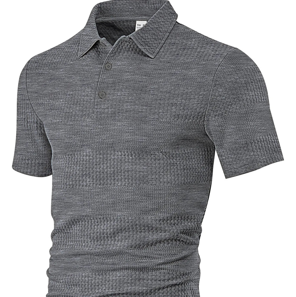 Men's loose casual lapel jacquard short sleeve shirt in grid pattern, polyester fabric, available in multiple colours