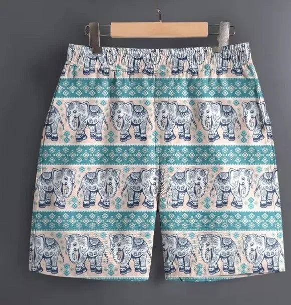 Men's casual polyester shorts in various patterns with Asian sizing from S to 5XL