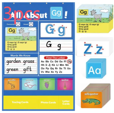 Alphabet learning sleeve chart with word cards, letter cards, and picture cards laid out for play.