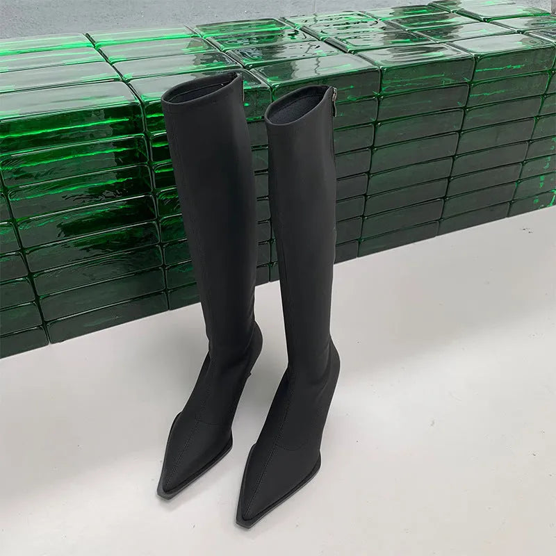 Black pointed toe below knee stiletto heel boots with a back zipper on a woman's leg.