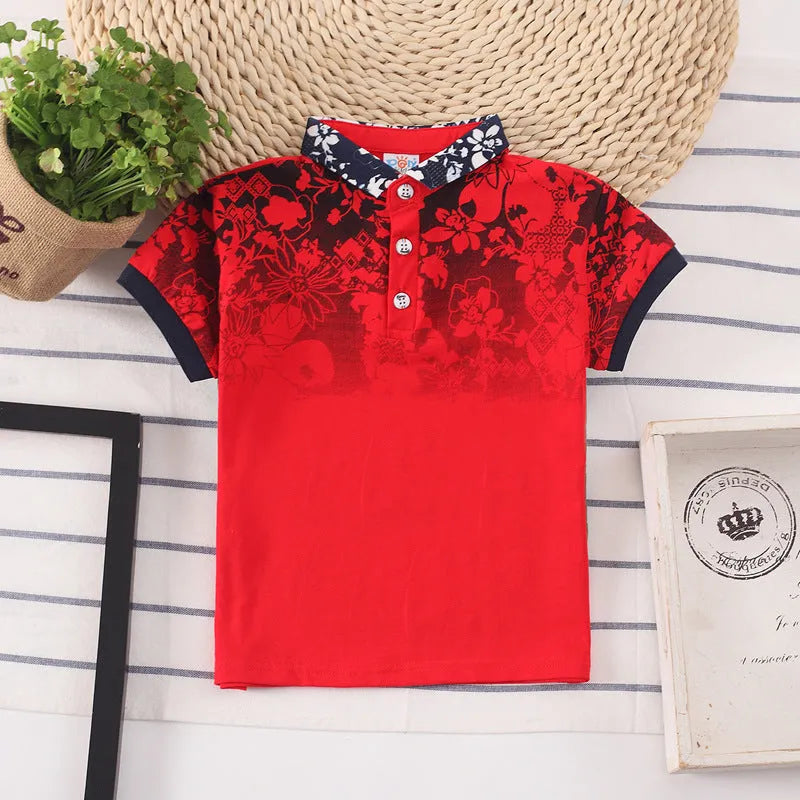 Kids short sleeve cotton shirt in grey, navy, red, or white with a lapel collar.
