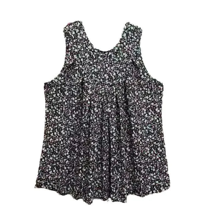 Women's plus size black floral print sleeveless vest with round neckline