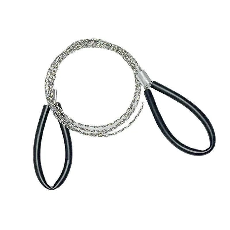German stainless steel survival wire saw coiled up, showing its four-strand construction and compact size.