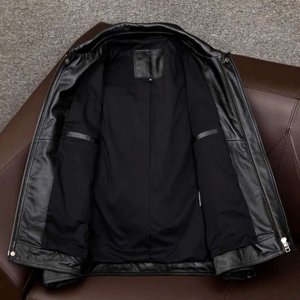 Men's black retro-style PU leather jacket with side pockets shown on a model, plus size loose fit.
