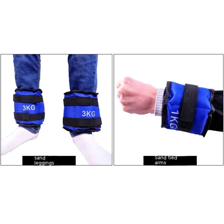 A pair of Oxford cloth legging sandbags for track and field running training.