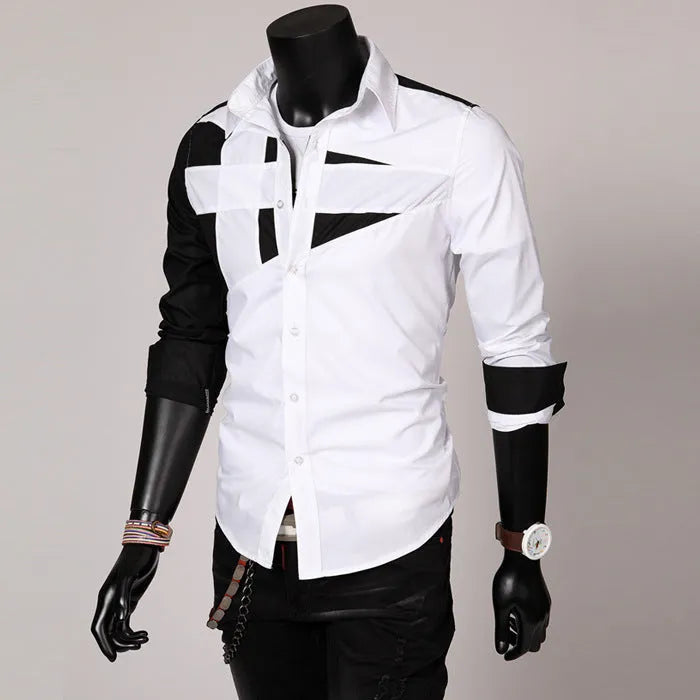 Men's long sleeve cotton shirt in three colours black dark grey white with size chart