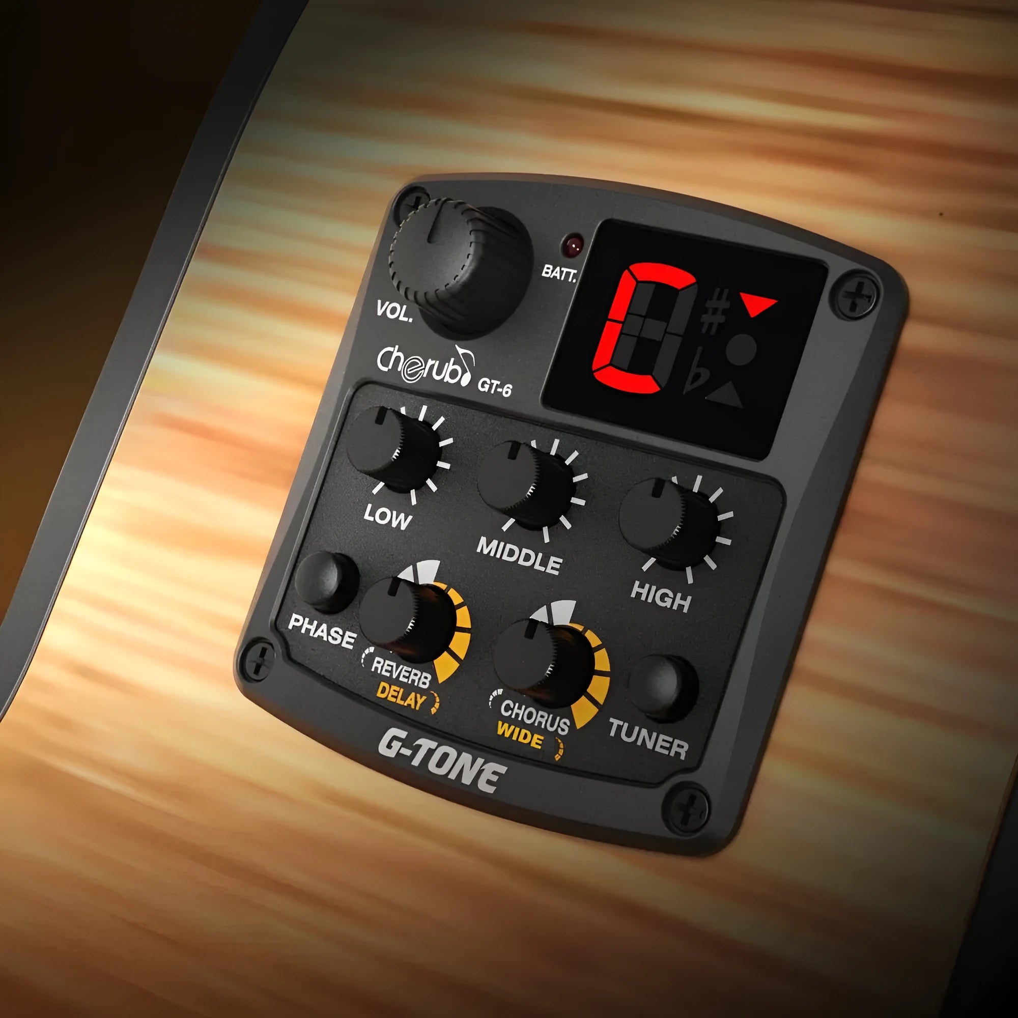 Cherub GT-6 black acoustic guitar hole-mount pickup with EQ knobs and effects controls.