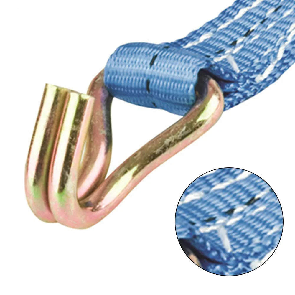 Steel ratchet tensioner hand tool with double triangle hooks and a grey polyester strap for cargo binding.