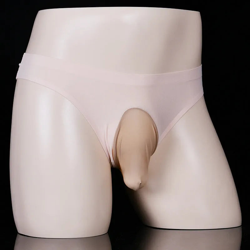 Men's ice silk underwear briefs in black, showing low waist and T-back design