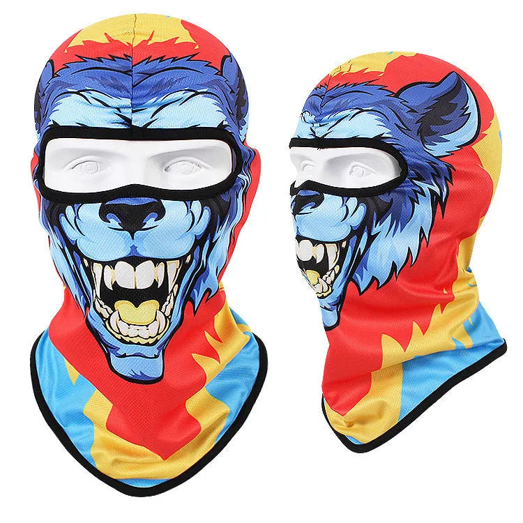 Breathable Bakool silk motorcycle skull mask in a graphic design, laid flat showing its 36cm by 29cm size.
