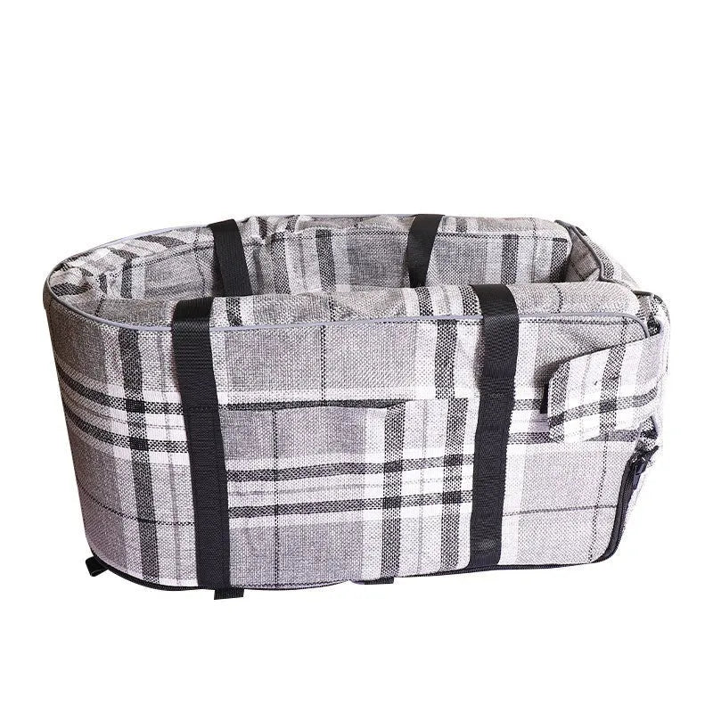 Outdoor cloth dog kennel shown in grey mesh, suitable for car and garden use across all four seasons.