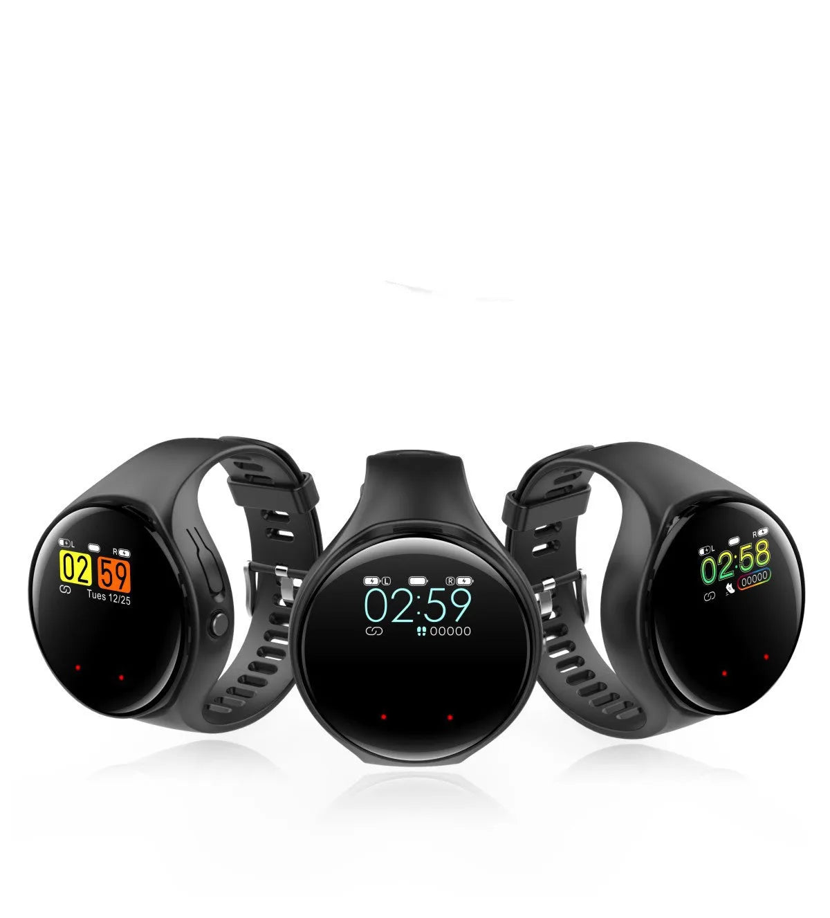 Black detachable smart bracelet with Bluetooth TWS earphones showing colour screen displaying heart rate