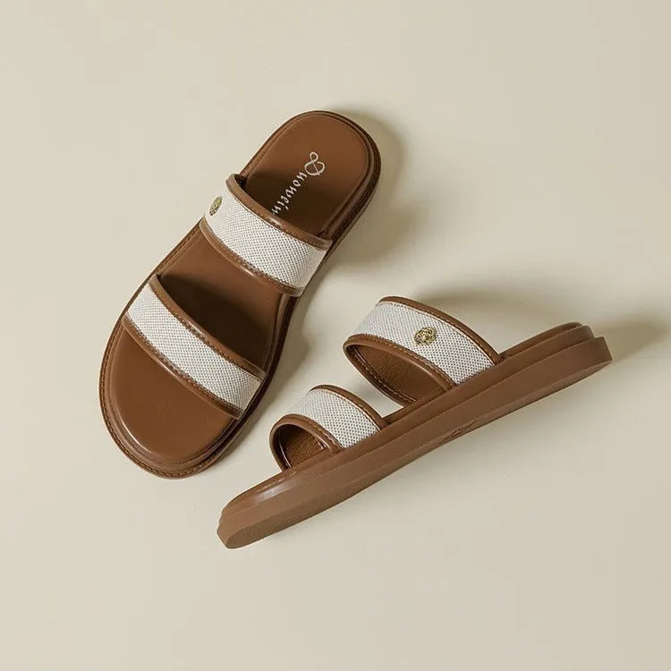 Women's brown vintage soft bottom flip-flops with artificial PU upper