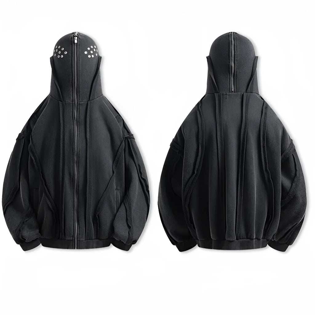 Black retro loose coat with zip front, hood, and abstract pattern design