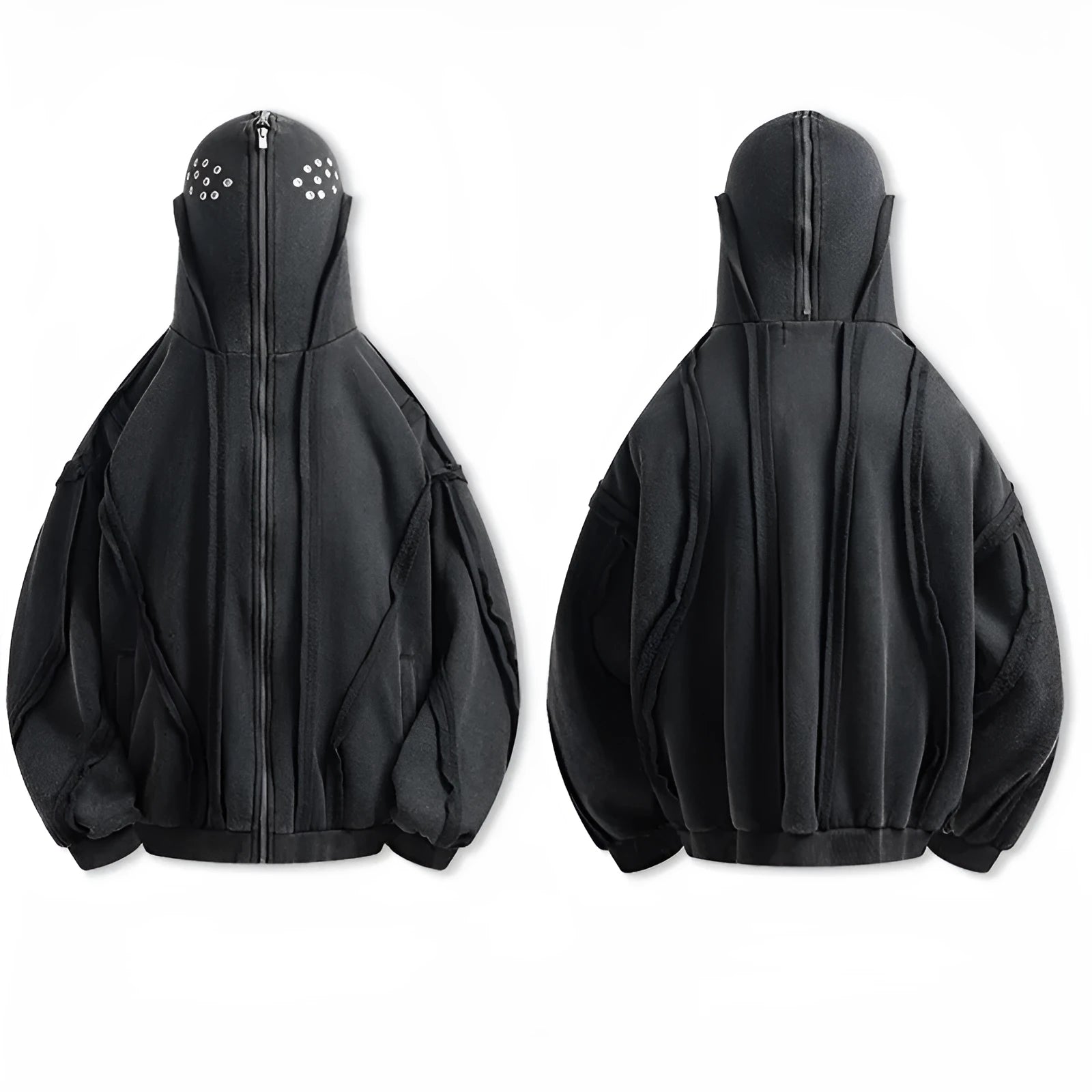 Black retro loose coat with zip front, hood, and abstract pattern design