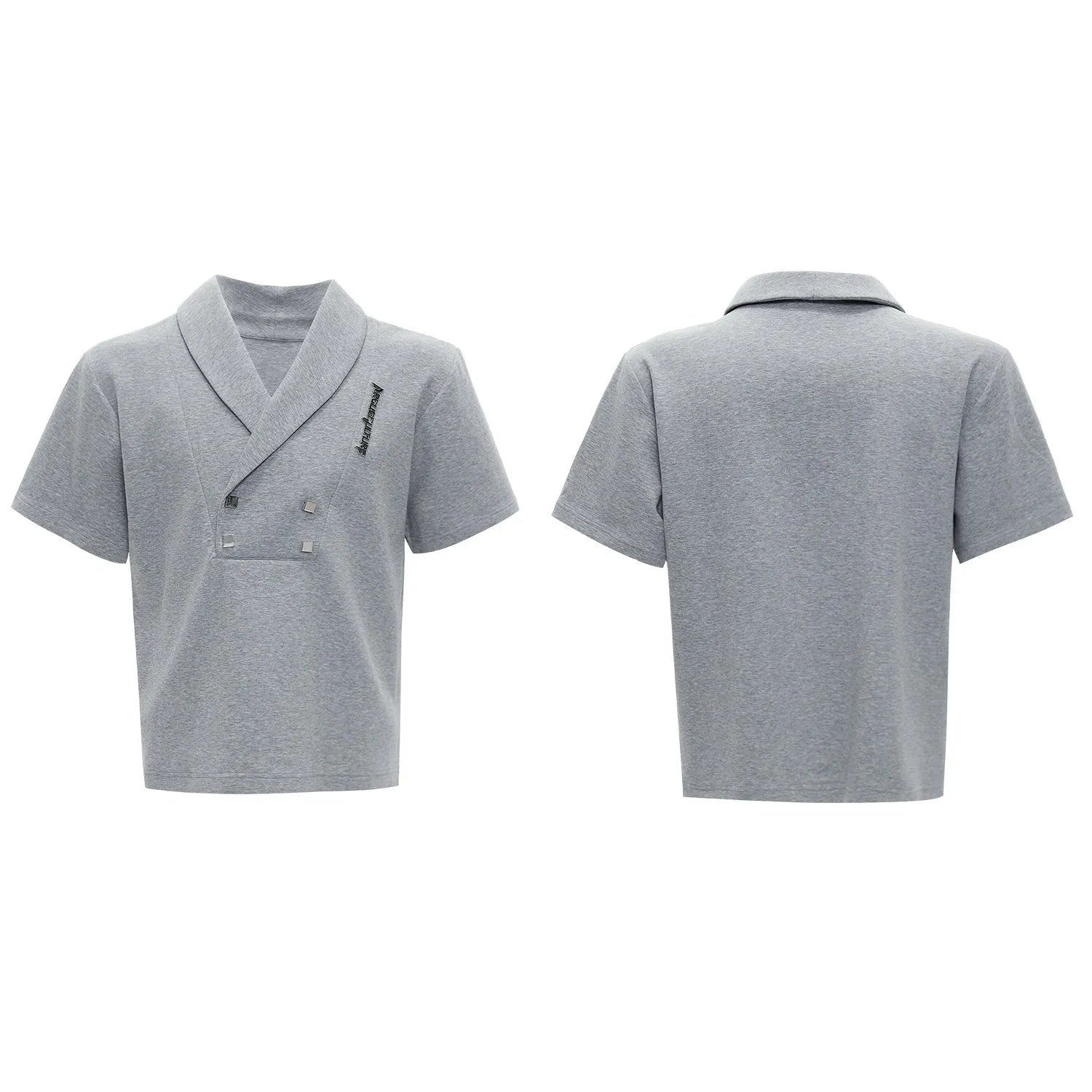 Men's dark grey V-neck sports jacket with padded shoulders and matching shorts