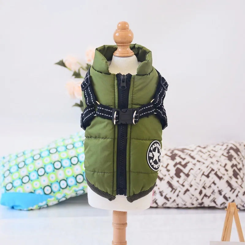 Waterproof dog coat with integrated harness in rain silk fabric, available in multiple sizes and colours