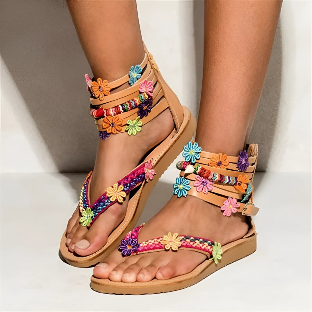 Ethnic style beaded petal Roman sandals with round toe open-toe design in artificial PU material