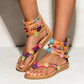 Ethnic style beaded petal Roman sandals with round toe open-toe design in artificial PU material