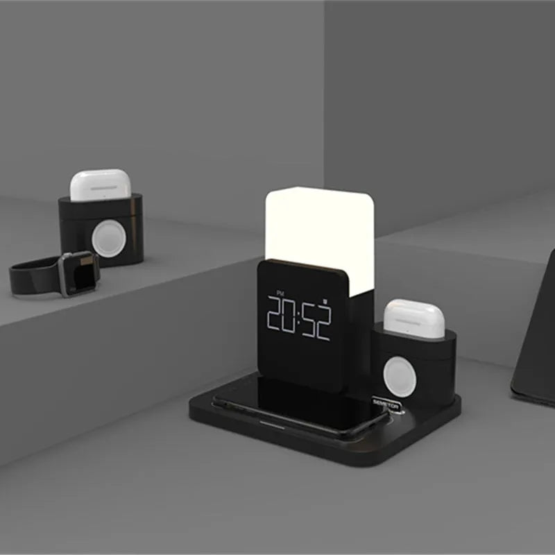 3-in-1 Qi wireless charging stand in dark green colour with phone, earbuds and smartwatch charging simultaneously