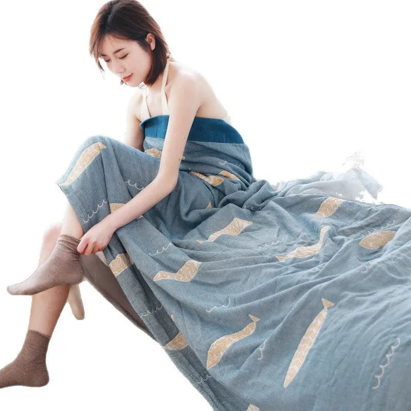 Pure cotton five-layer gauze bed blanket in modern simplicity style, shown in blue roulette wheel pattern.