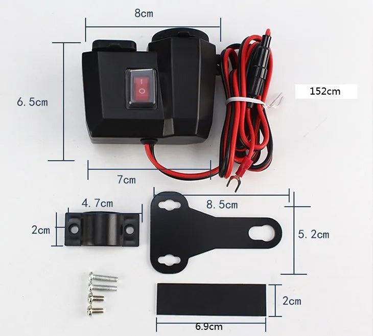 Black dual USB waterproof motorcycle charger with voltmeter mounted on handlebar