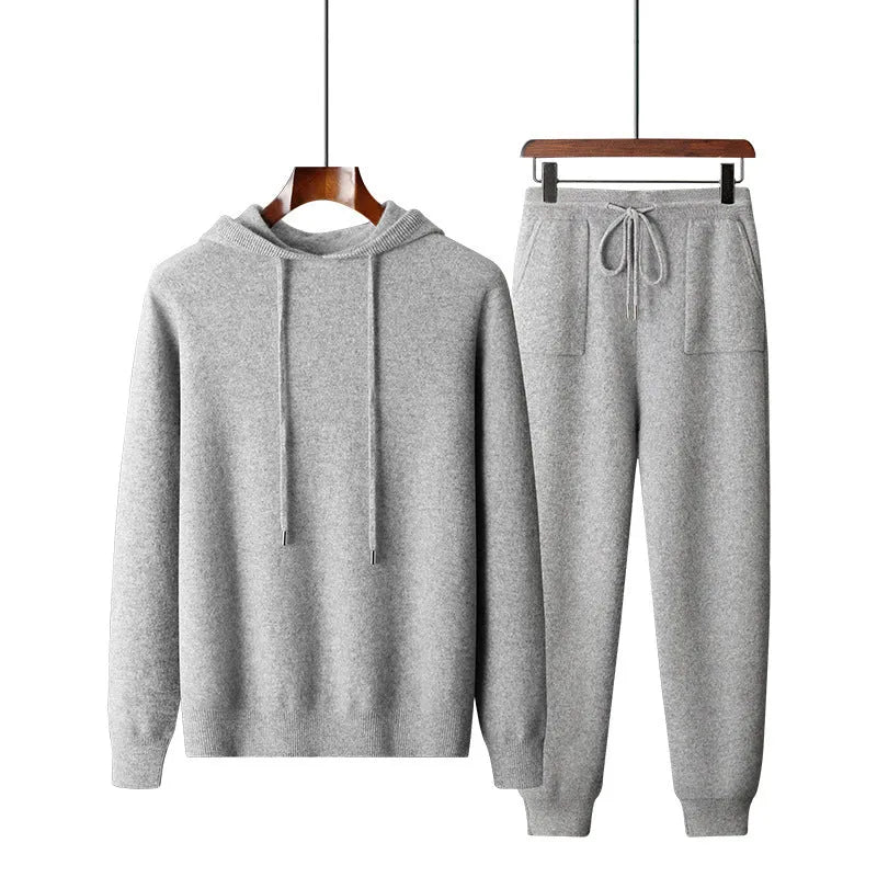 Men's light grey cashmere hooded sweatshirt and matching trousers leisure set on hanger