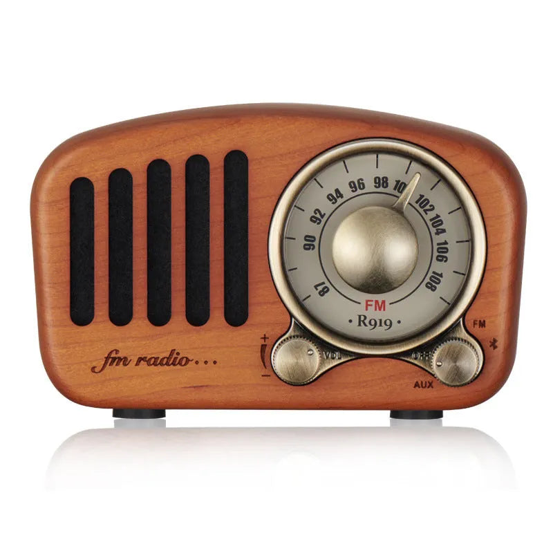 Retro wooden Bluetooth speaker in natural wood finish with compact dimensions