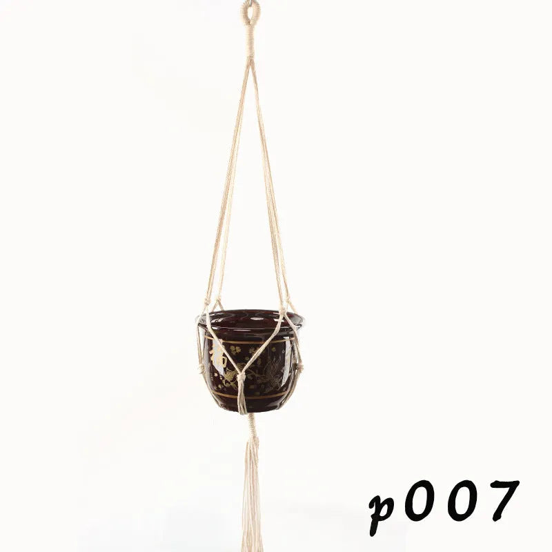 Woven wire plant hanger with cotton rope and jute twine in multiple style configurations