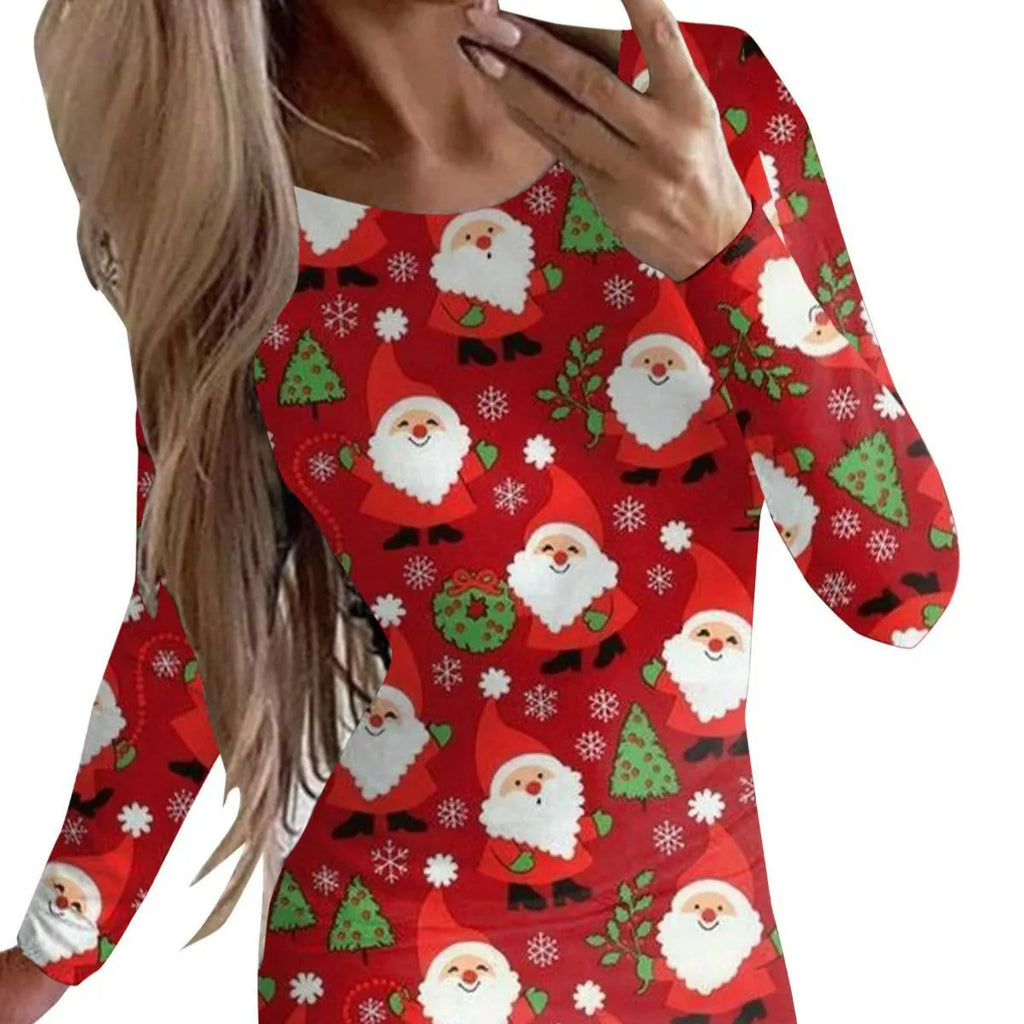 Women's Christmas printed dress with animal patterns, round neck, long sleeves in floral colours