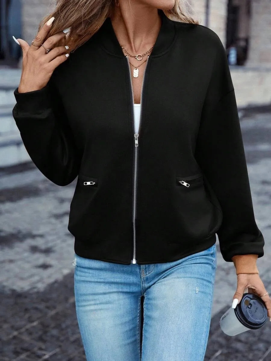 Black women's long sleeve casual zip jacket with a faux pocket detail