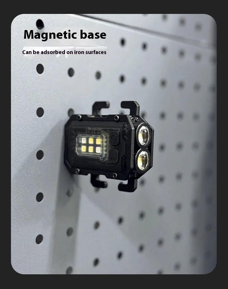 Portable tactical warning flashlight with USB charging cable for outdoor backpack mounting.