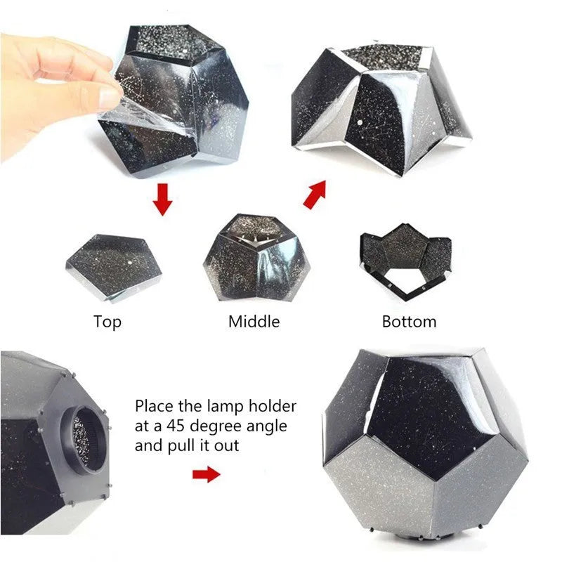 LED star projector showing 3D constellation projection on bedroom ceiling with remote control