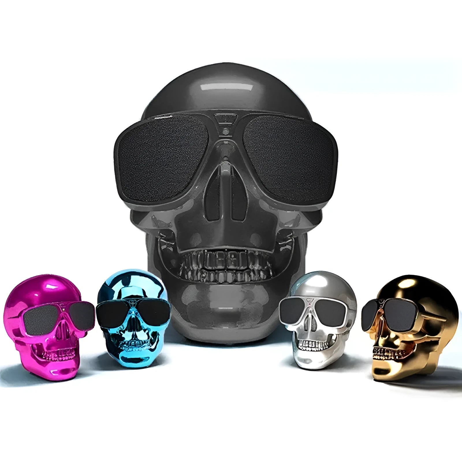 Skull-shaped wireless Bluetooth speaker showing front view with controls and available colour options