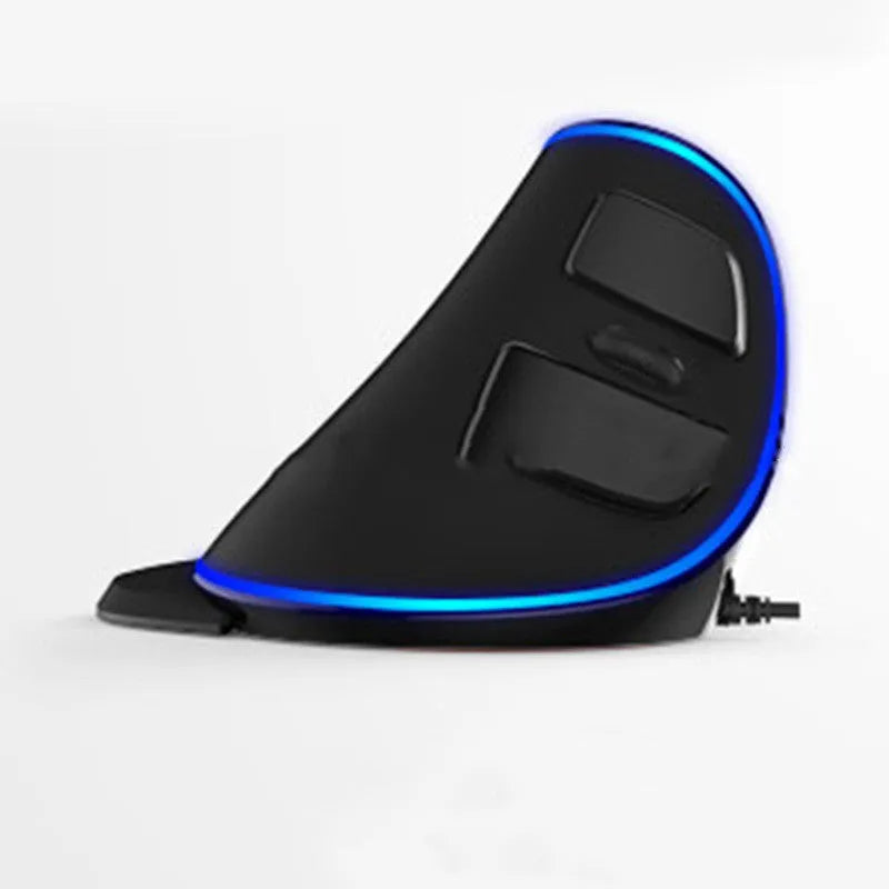 Vertical snail-shaped ergonomic computer mouse with RGB lighting and USB cable.