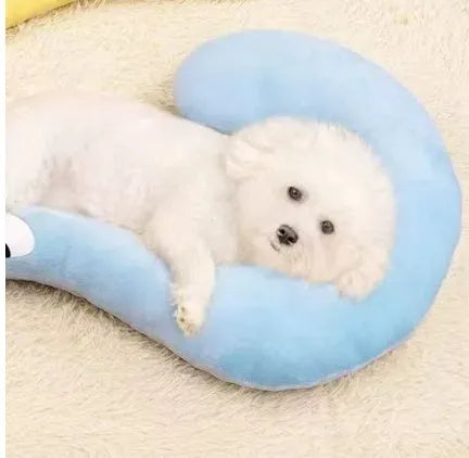 Blue U-shaped cat neck protection pillow with question mark design on white background