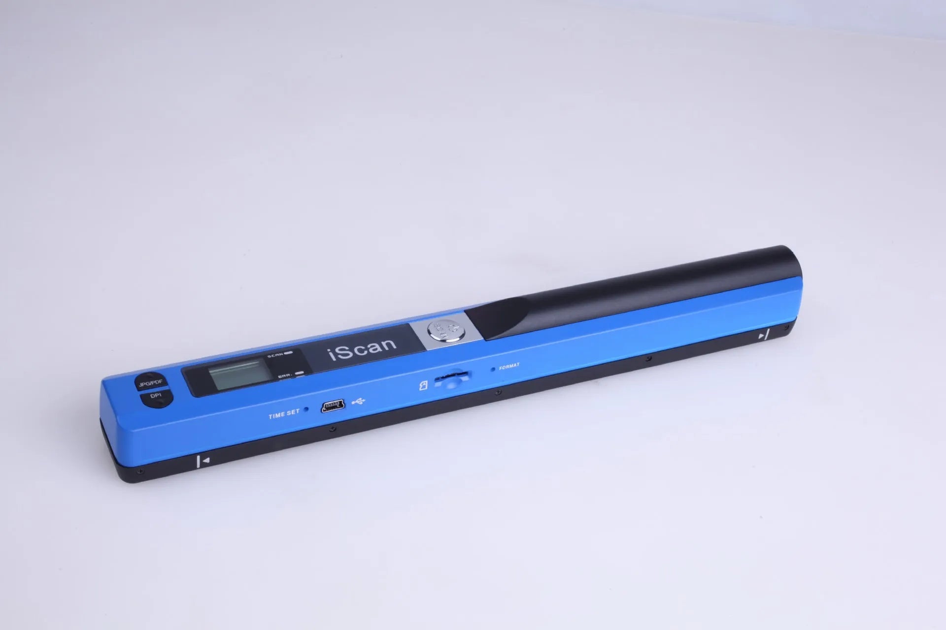 Handheld plastic scanner in multiple colours including black, blue, green, red, and silver with a USB cable.