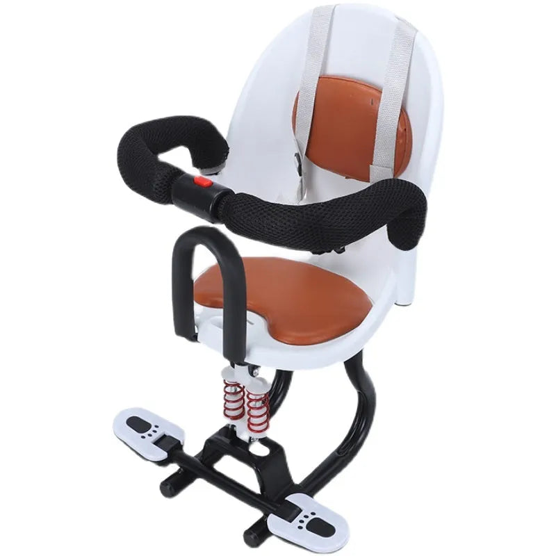 Front-mounted child safety seat for a battery scooter in black, red, or white.