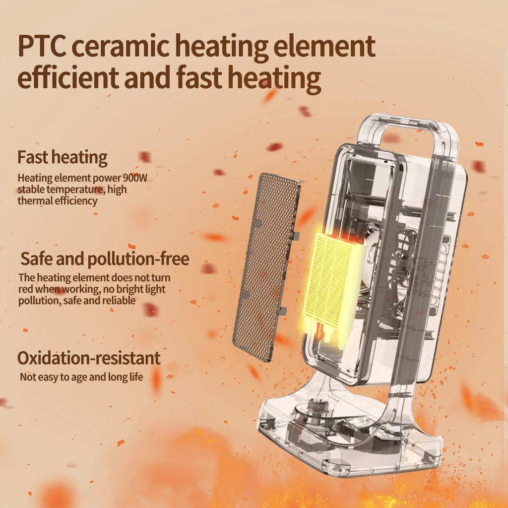 Black HQ-500A PTC ceramic desk heater with control knob on a desktop.