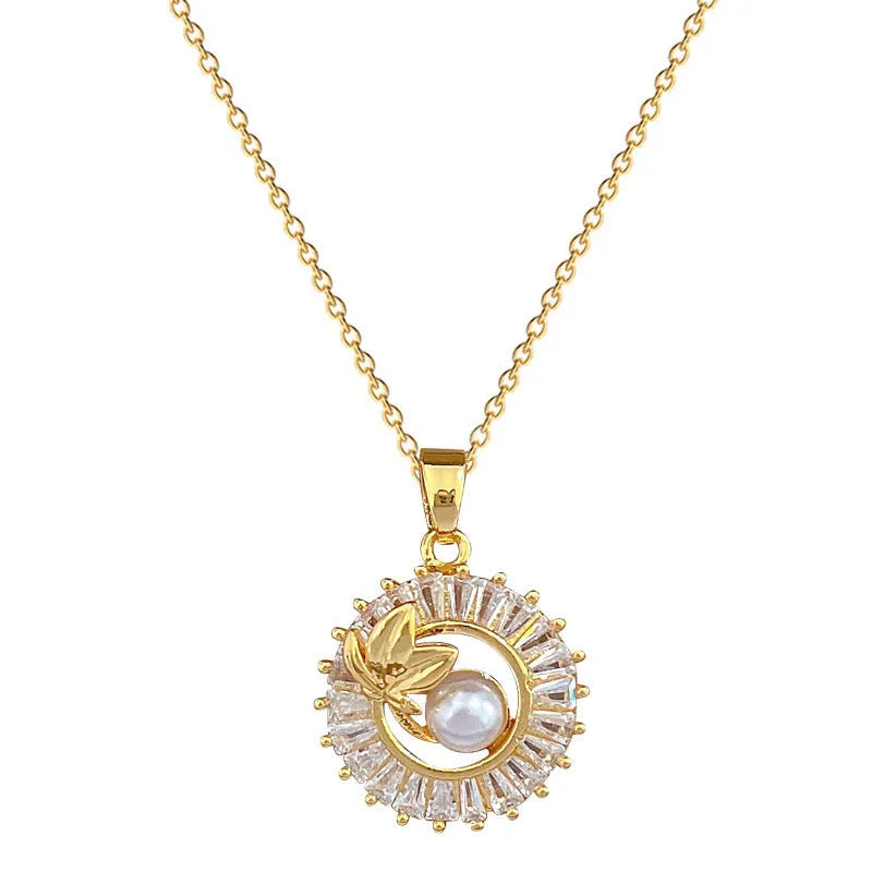 Titanium steel square diamond leaves necklace and matching stud earrings set with copper pendant and gold plating.