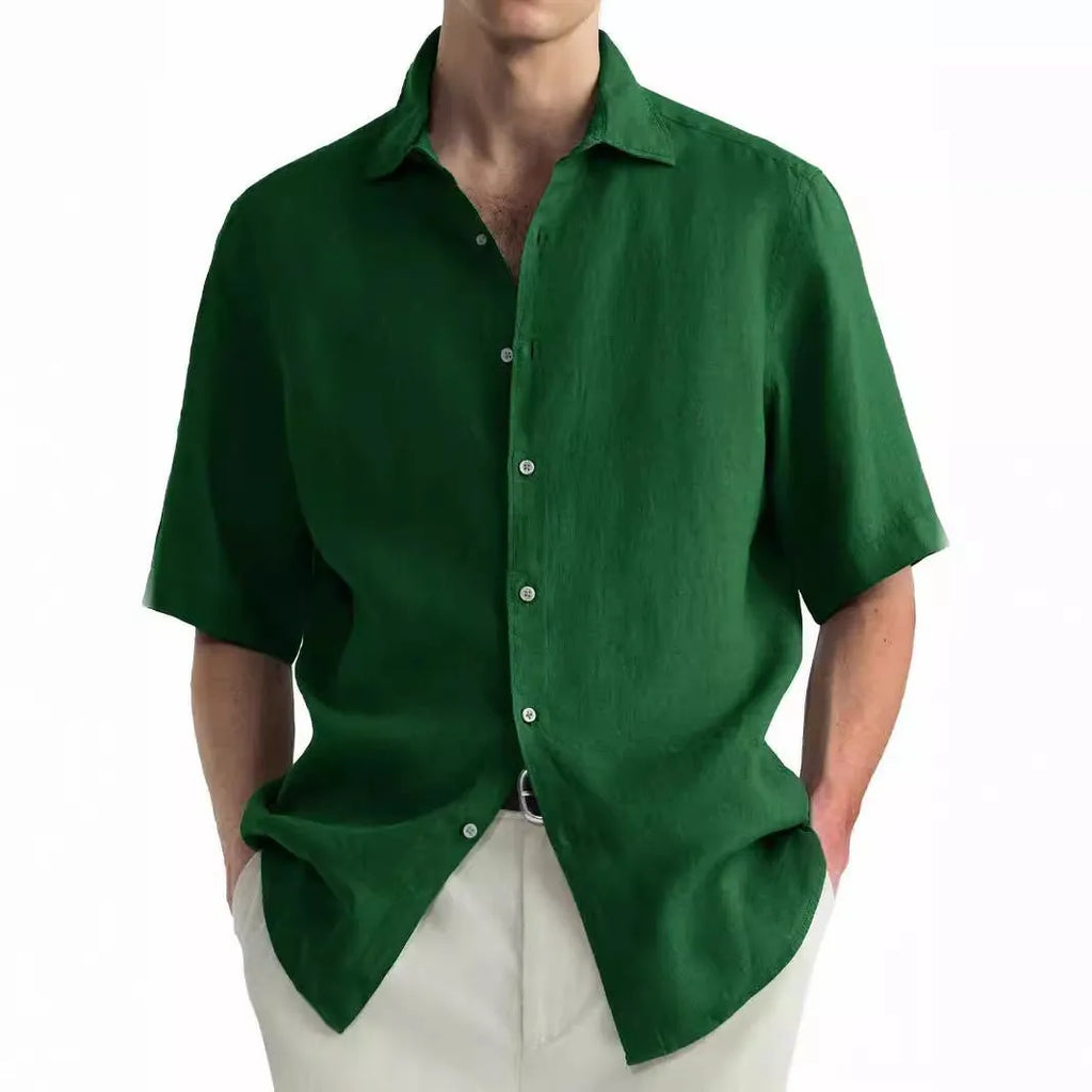 Green washed cotton men's casual shirt with a cardigan style and regular fit.
