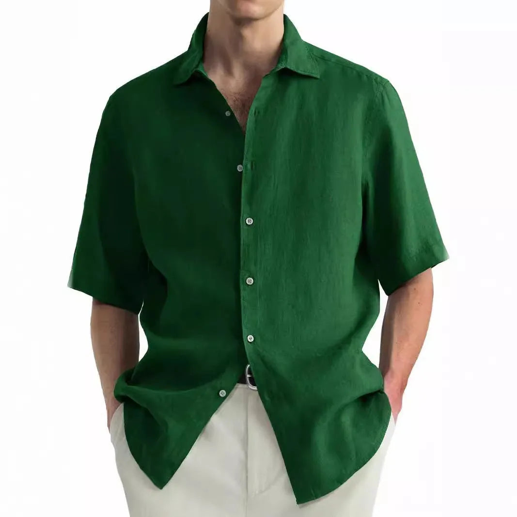Green washed cotton men's casual shirt with a cardigan style and regular fit.