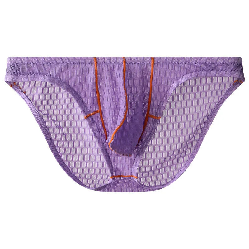 Men's white ice silk lace low waist briefs laid flat, showing the solid colour and lace fabric texture.