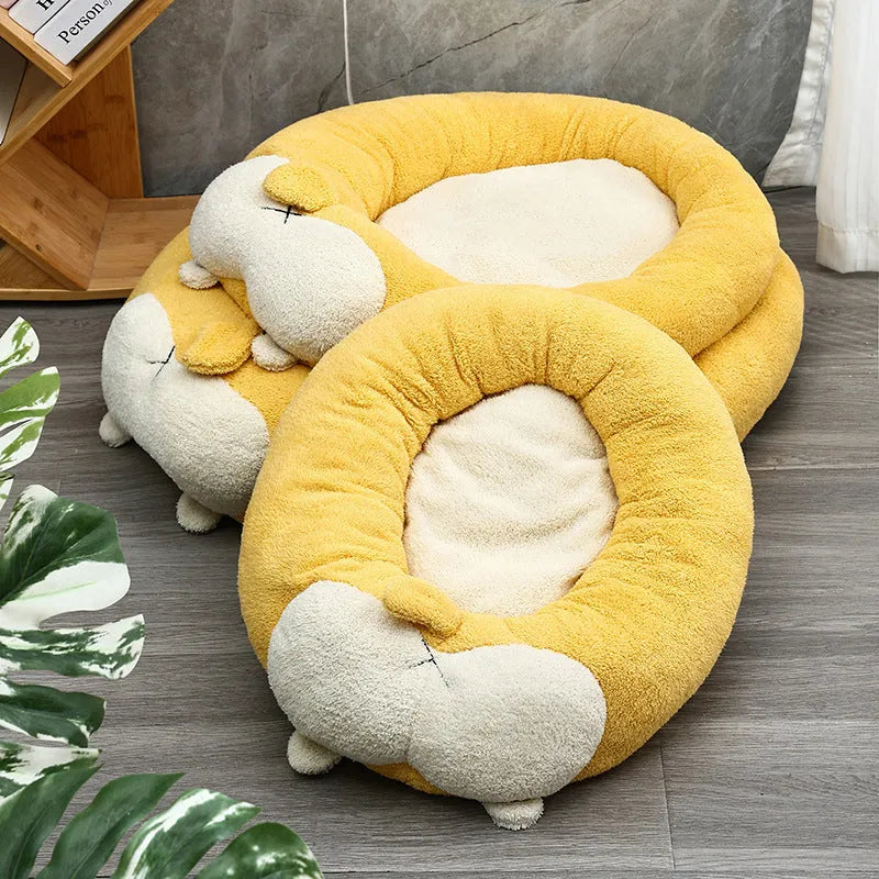 Corgi shaped plush pet bed for dogs and cats in three sizes, filled with PP cotton.