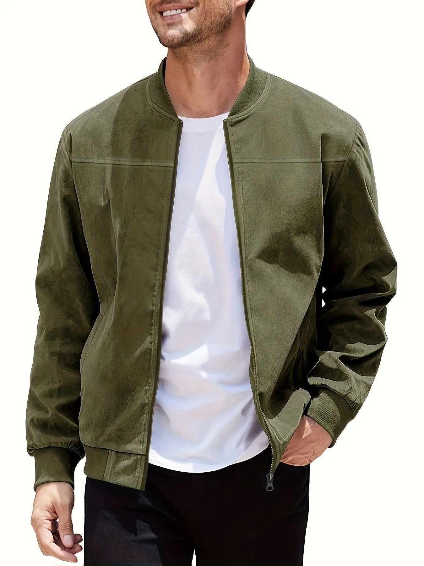 Men's plus size suede zip jacket in army green colour showing regular fit and cotton lining
