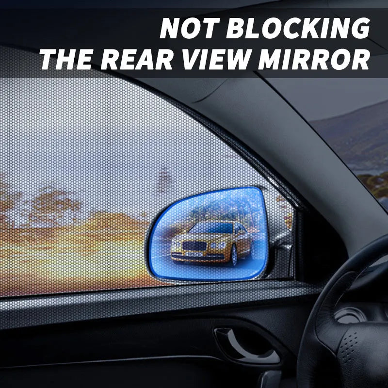 Car side window sunshade mesh cover installed on vehicle door with elastic strip fixation